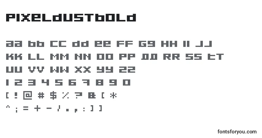 Schriftart PixeldustBold – Alphabet, Zahlen, spezielle Symbole