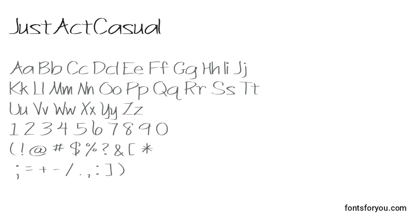 A fonte JustActCasual – alfabeto, números, caracteres especiais
