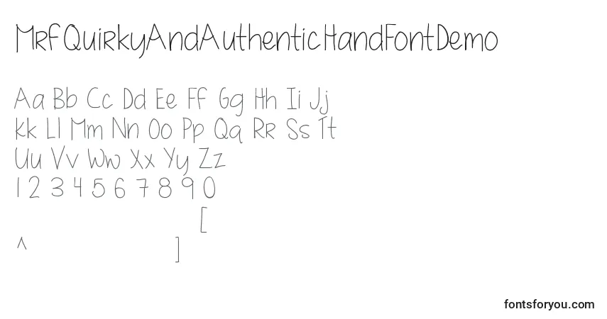 Schriftart MrfQuirkyAndAuthenticHandFontDemo – Alphabet, Zahlen, spezielle Symbole