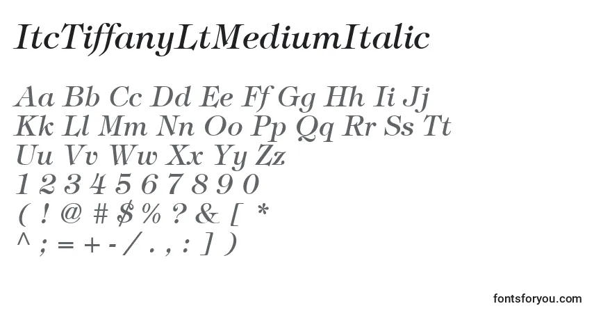 Czcionka ItcTiffanyLtMediumItalic – alfabet, cyfry, specjalne znaki