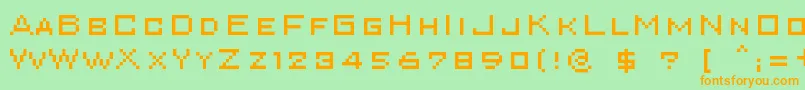 フォントSuperkarcher – オレンジの文字が緑の背景にあります。