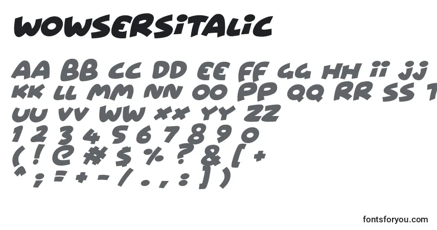WowsersItalicフォント–アルファベット、数字、特殊文字