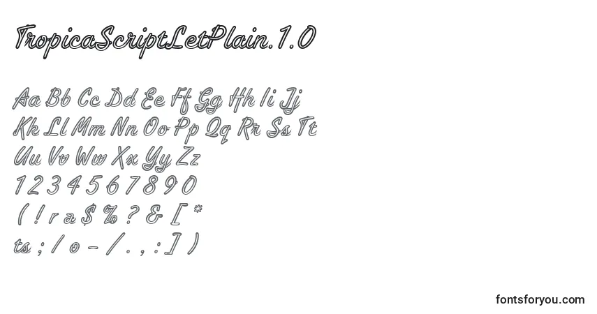 A fonte TropicaScriptLetPlain.1.0 – alfabeto, números, caracteres especiais