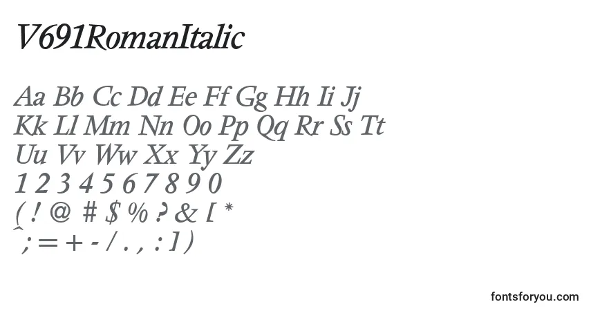 A fonte V691RomanItalic – alfabeto, números, caracteres especiais