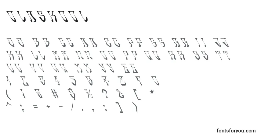 A fonte Oldskool – alfabeto, números, caracteres especiais