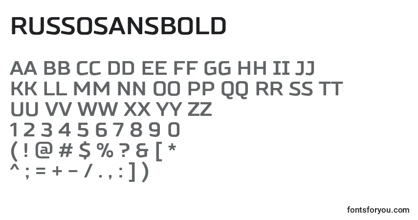 Czcionka RussoSansBold – alfabet, cyfry, specjalne znaki