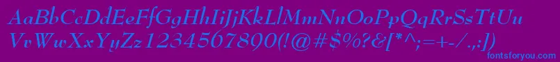 BernhardModernBoldItalic-fontti – siniset fontit violetilla taustalla