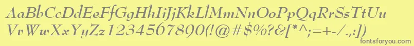 BernhardModernBoldItalic-fontti – harmaat kirjasimet keltaisella taustalla