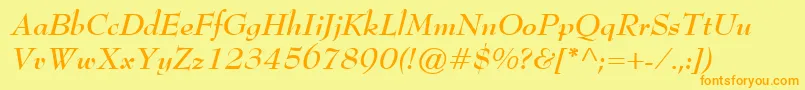 BernhardModernBoldItalic-Schriftart – Orangefarbene Schriften auf gelbem Hintergrund