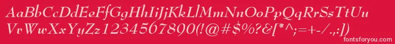 BernhardModernBoldItalic-fontti – vaaleanpunaiset fontit punaisella taustalla