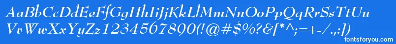 BernhardModernBoldItalic-fontti – valkoiset fontit sinisellä taustalla