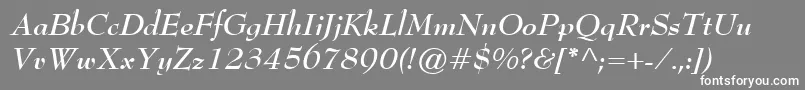 BernhardModernBoldItalic-fontti – valkoiset fontit harmaalla taustalla