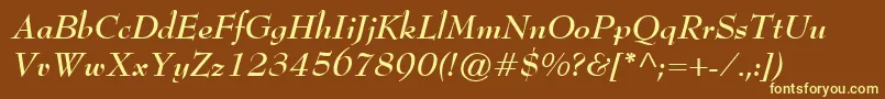 BernhardModernBoldItalic-fontti – keltaiset fontit ruskealla taustalla