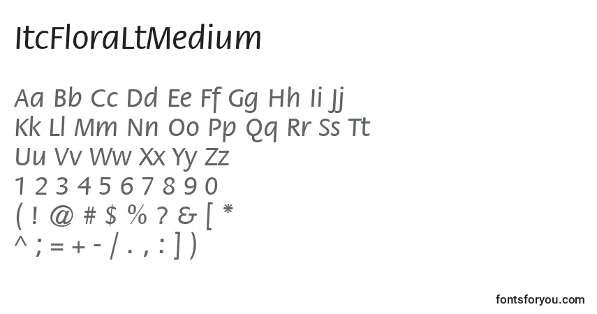 Czcionka ItcFloraLtMedium – alfabet, cyfry, specjalne znaki