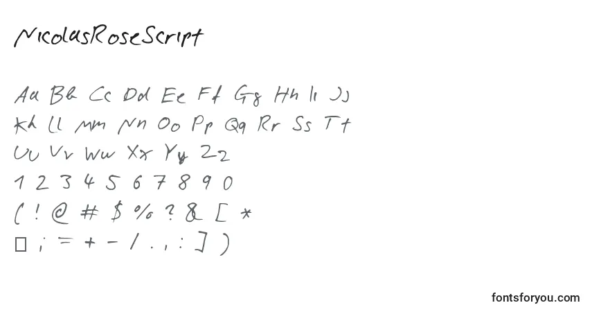 Czcionka NicolasRoseScript – alfabet, cyfry, specjalne znaki