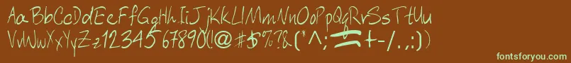 フォントAberaRegularTtnorm – 緑色の文字が茶色の背景にあります。