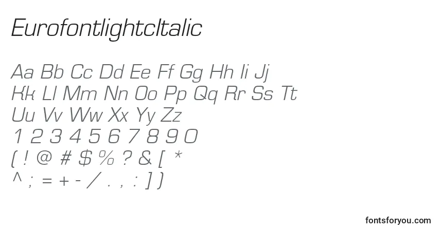 Czcionka EurofontlightcItalic – alfabet, cyfry, specjalne znaki