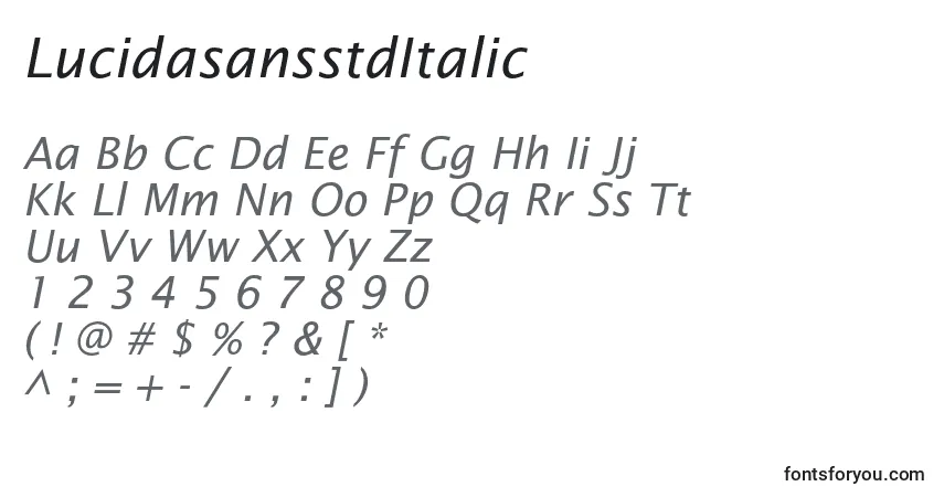 Шрифт LucidasansstdItalic – алфавит, цифры, специальные символы