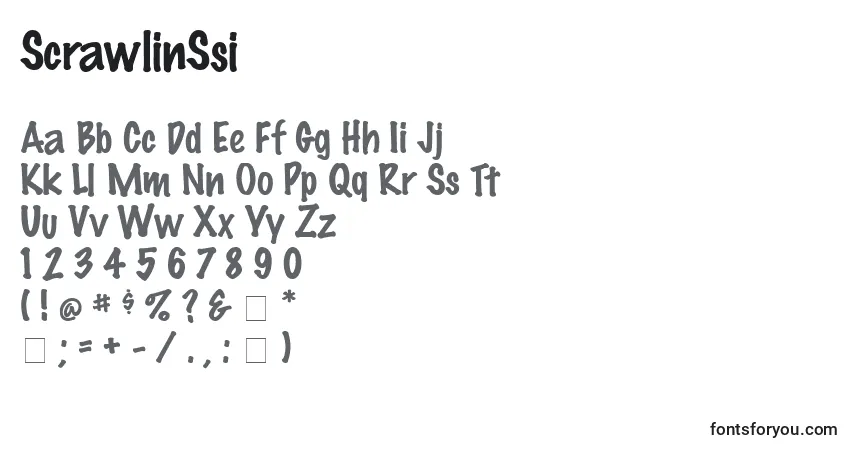 characters of scrawlinssi font, letter of scrawlinssi font, alphabet of  scrawlinssi font