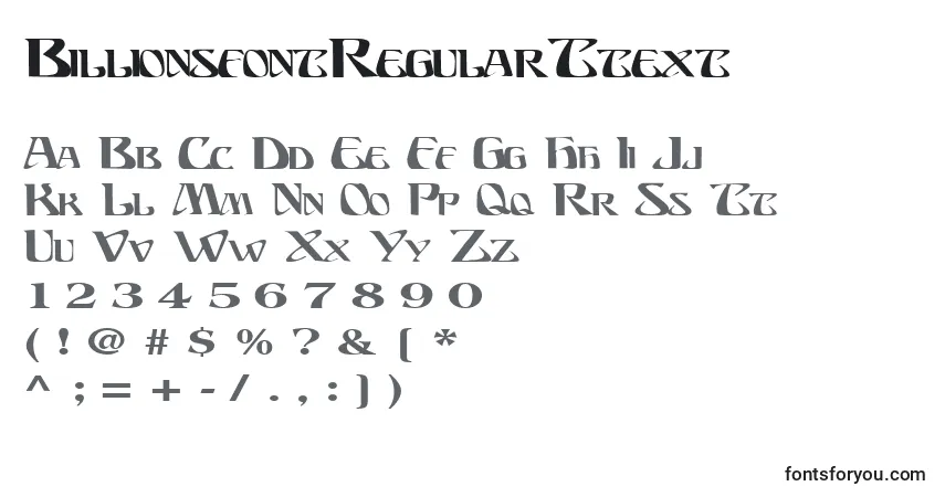A fonte BillionsfontRegularTtext – alfabeto, números, caracteres especiais