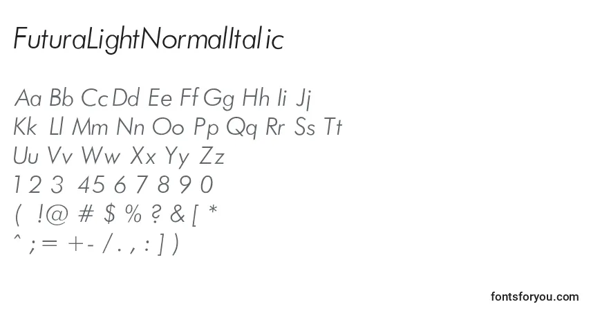 A fonte FuturaLightNormalItalic – alfabeto, números, caracteres especiais