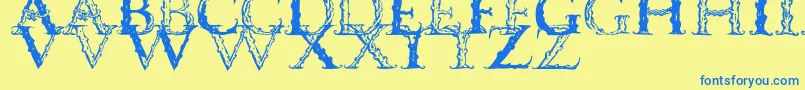 フォントVespasiancaps – 青い文字が黄色の背景にあります。