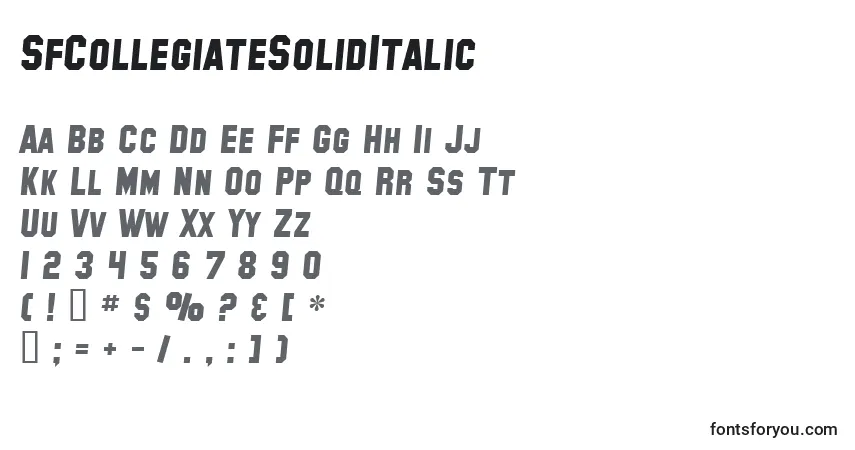 Czcionka SfCollegiateSolidItalic – alfabet, cyfry, specjalne znaki