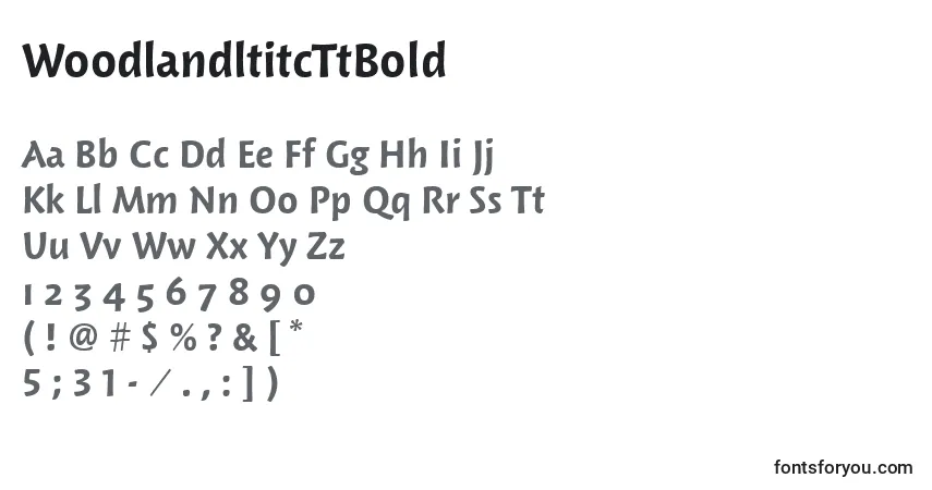 Шрифт WoodlandltitcTtBold – алфавит, цифры, специальные символы