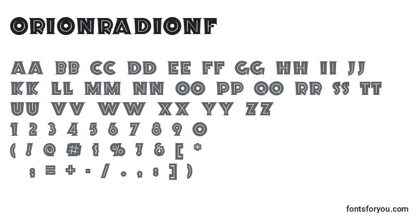 Czcionka Orionradionf – alfabet, cyfry, specjalne znaki