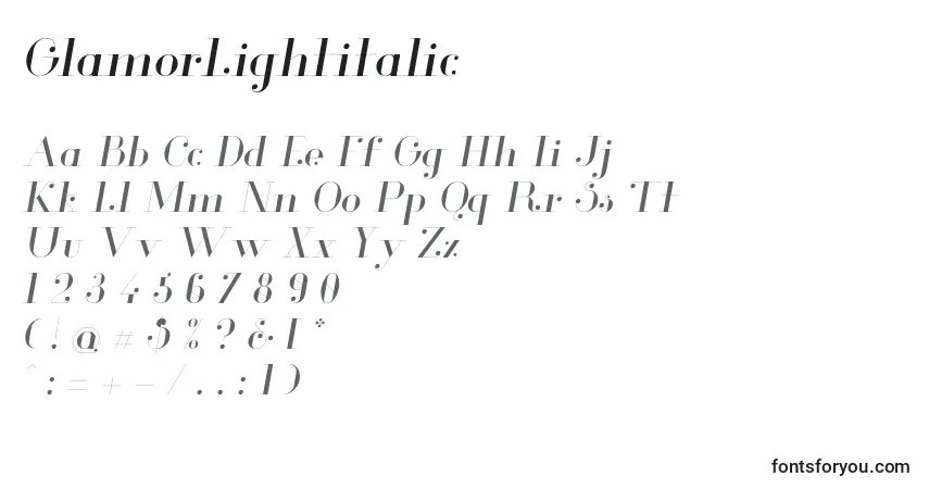 Шрифт GlamorLightitalic – алфавит, цифры, специальные символы