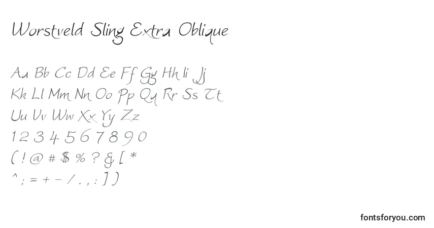 Czcionka Worstveld Sling Extra Oblique – alfabet, cyfry, specjalne znaki