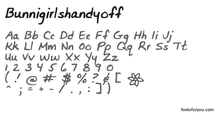 Czcionka Bunnigirlshandyoff – alfabet, cyfry, specjalne znaki