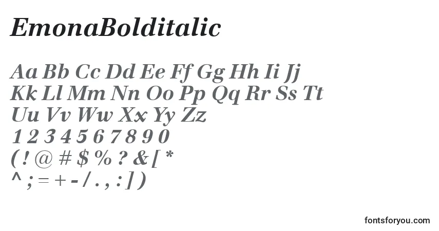 Czcionka EmonaBolditalic – alfabet, cyfry, specjalne znaki