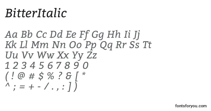 Czcionka BitterItalic – alfabet, cyfry, specjalne znaki