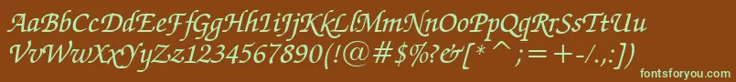 フォントZapfChanceryMediumItalicBt – 緑色の文字が茶色の背景にあります。