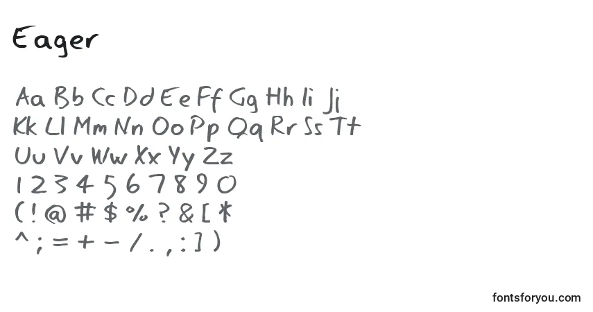 Czcionka Eager – alfabet, cyfry, specjalne znaki
