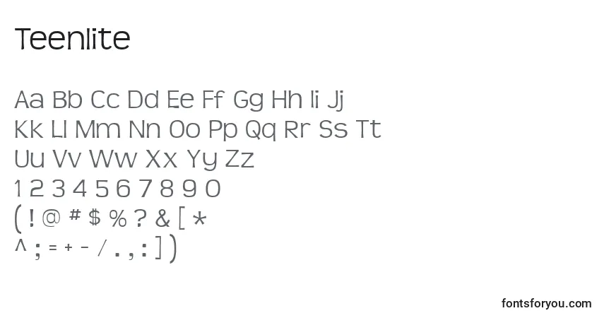 Czcionka Teenlite – alfabet, cyfry, specjalne znaki