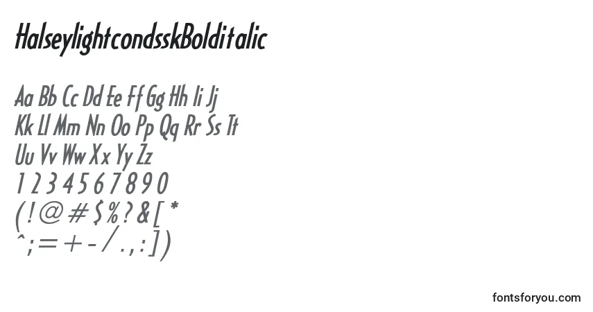 Шрифт HalseylightcondsskBolditalic – алфавит, цифры, специальные символы