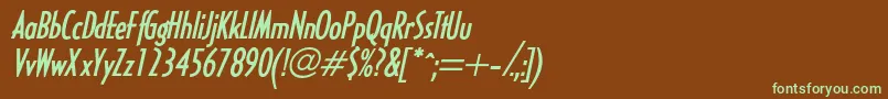 フォントHalseylightcondsskBolditalic – 緑色の文字が茶色の背景にあります。
