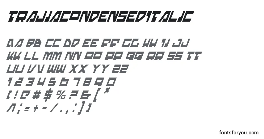 A fonte TrajiaCondensedItalic – alfabeto, números, caracteres especiais