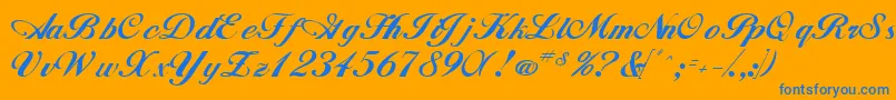 WhimsiScriptSsk-Schriftart – Blaue Schriften auf orangefarbenem Hintergrund