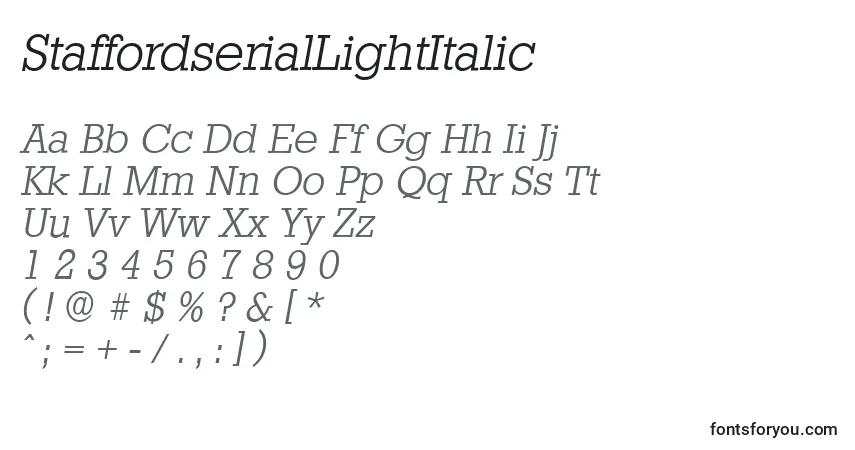 characters of staffordseriallightitalic font, letter of staffordseriallightitalic font, alphabet of  staffordseriallightitalic font