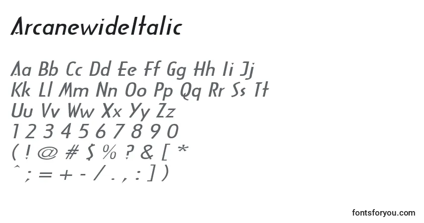Шрифт ArcanewideItalic – алфавит, цифры, специальные символы