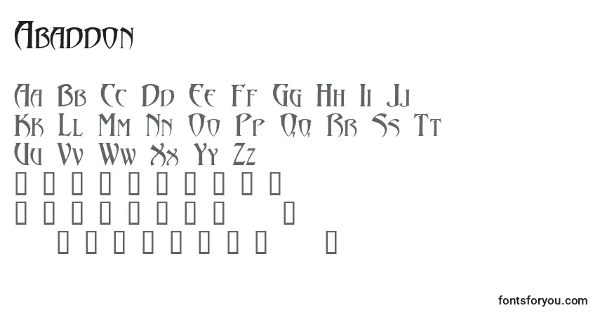 Czcionka Abaddon – alfabet, cyfry, specjalne znaki