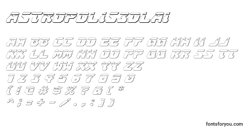 A fonte Astropolis3Dlai – alfabeto, números, caracteres especiais