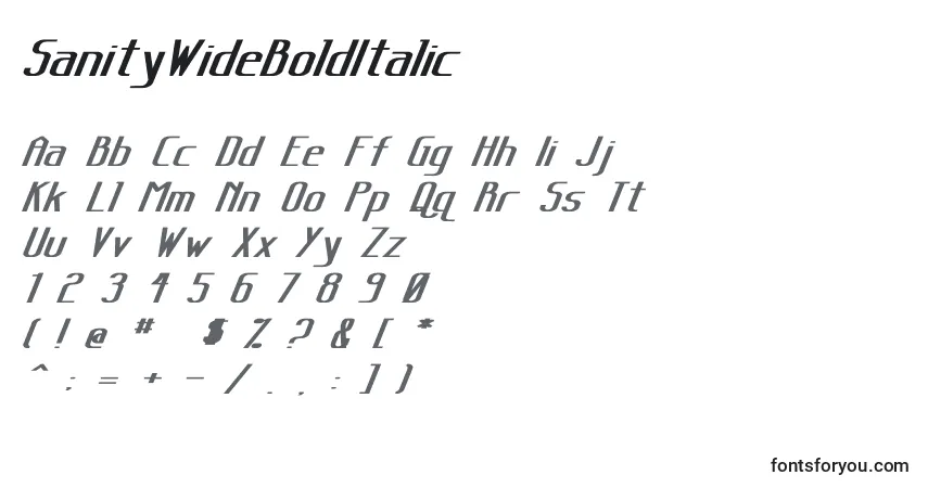 Шрифт SanityWideBoldItalic – алфавит, цифры, специальные символы