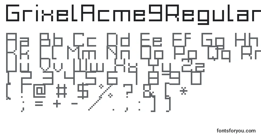 Czcionka GrixelAcme9RegularXtnd – alfabet, cyfry, specjalne znaki
