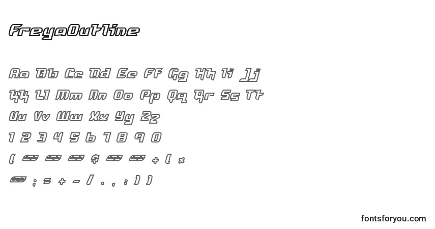 Czcionka FreyaOutline – alfabet, cyfry, specjalne znaki