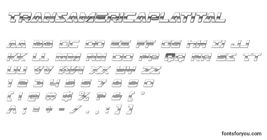Czcionka Transamericaplatital – alfabet, cyfry, specjalne znaki