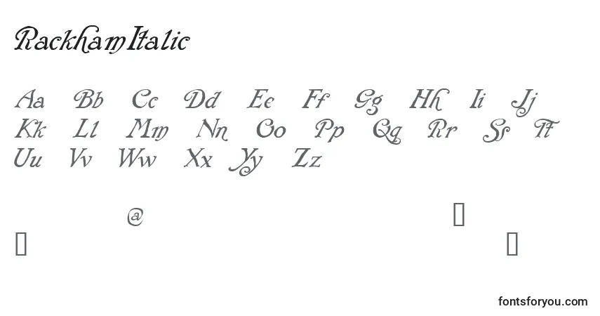 Шрифт RackhamItalic – алфавит, цифры, специальные символы